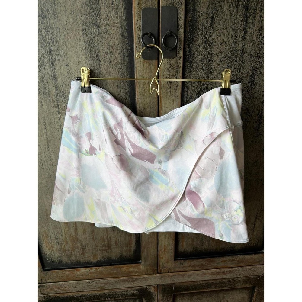 lululemon high-rise wrap tennis skirt features a pastel nouveau marble meadow 14